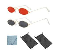 Retro Hippie Sunglasses - Fashion Party Glasses with Oval Lenses, Metal Frame, Unisex - 2 Pieces Waterproof Storage Bag, 2 Microfiber Cleaning Cloths - Grey, Red