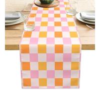 Retro Hippie Table Runner 13x71 Inch Geometric Checkered Yellow Orange Pink 60s 70s Vintage Groovy Docor Dinner Runner for Living Room Kitchen Party Holiday (13x71 Inch, Retro Orange Pink Checkered)