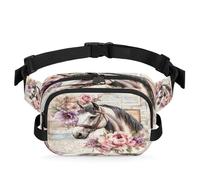 Retro Horse Peony Flower Pattern Fanny Pack for Women Men, Waterproof Waist Bag with Adjustable Strap Dual Zippers, Lightweight Crossbody Chest Bag for Running Hiking Sports