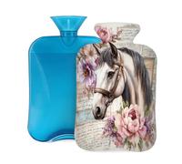 Retro Horse Peony Flower Pattern Hot Water Bottle with Cover, 2L PVC Hot Water Bag for Pain Relief, Hand Foot Warmer, Hot & Cold Therapy with Removable Cover, Gift for Women Kids Family