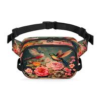 Retro Hummingbirds Flower Peony Fanny Pack for Women Men, Waterproof Waist Bag with Adjustable Strap Dual Zippers, Lightweight Crossbody Chest Bag for Running Hiking Sports