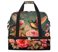 Retro Hummingbirds Flower Peony Foldable Travel Duffel Bag Expandable Gym Bag with Shoe Compartment Large Capacity Weekender Bag Carry On Tote Bag for Travel Sports Overnight Trips