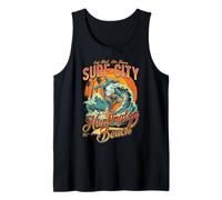 Retro Huntington Beach Shark Surfer Riding Sunset Waves Tank Top