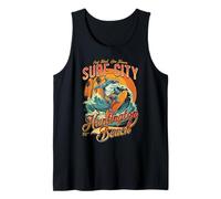 Retro Huntington Beach Shark Surfer Riding Sunset Waves Tank Top