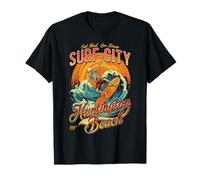 Retro Huntington Beach Skeleton Surfer Riding Sunset Waves T-Shirt