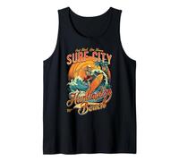 Retro Huntington Beach Skeleton Surfer Riding Sunset Waves Tank Top