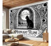 Retro Illustration Panoramic Wallpaper, Non-Woven Art Print Black Cat Windowsill Wall Mural Decor, Black White Photo Wallpaper for Living Room Bedroom Home Decoration Wall Poster 350 x 256 cm