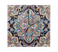 Retro Indian Style Bohemia Mandala Boho Pattern Square Wall Clock Battery Operated Silent Non Ticking Wood Clock Number Wall Clocks for Living Room Decor