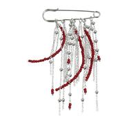 Retro Inspired Pin Brooch with Red Beads and Flowing Tassels, Fringe and Multiple Chain Details for a Fashionable Lapel Pin on the Chest of a