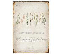 Retro Isaiah 40:8 The Grass Withers Wall Art Metal Poster Botanical Watercolor Scripture Print Vintage Christian Poster Decor for Home Farm Store Garage Club Bar Kitchen Pub Funny Gift 8x12 Inch