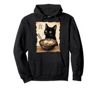 Retro Japanese Black Cat Eating Ramen Noodles Bowl Pullover Hoodie