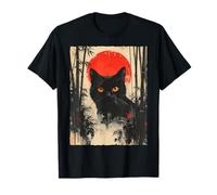 Retro Japanese Black Cat Red Sun Bamboo Aesthetic Art T-Shirt