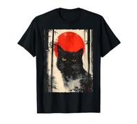 Retro Japanese Black Cat Red Sun Bamboo Aesthetic Art T-Shirt