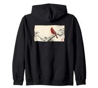 Retro Japanese Block Print Northern Cardinal Bird Art Zip Hoodie