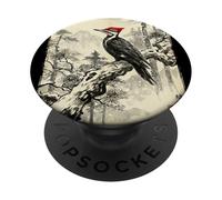 Retro Japanese Block Print Pileated Picid Woodpecker Birding PopSockets Adhesive PopGrip