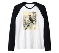 Retro Japanese Block Print Pileated Picid Woodpecker Birding Raglan Baseball Tee