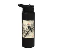 Retro Japanese Block Print Pileated Picid Woodpecker Birding Stainless Steel Insulated Water Bottle