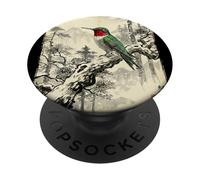 Retro Japanese Block Print Ruby Hummingbird Pine Art PopSockets Adhesive PopGrip