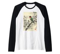 Retro Japanese Block Print Ruby Hummingbird Pine Art Raglan Baseball Tee