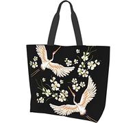 Retro Japanese Embroidery Crane Cherry Blossom Tote Bag Large Casual Women Shoulder Handbags Reusable Grocery Bags for Work Shopping Travel Beach
