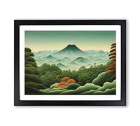Retro Japanese Forest Framed Wall Art Print A2 Black