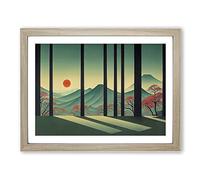 Retro Japanese Forest Vol.3 Framed Print | A4 Oak Framed Wall Art | Ready to Hang | Retro Landscape Picture | Living Room Bedroom Lounge Office