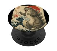 Retro Japanese Great Wave Giant Cat Monster Kaiju Art PopSockets Adhesive PopGrip
