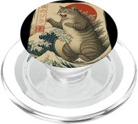 Retro Japanese Great Wave Giant Cat Monster Kaiju Art PopSockets PopGrip for MagSafe
