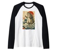 Retro Japanese Great Wave Giant Cat Monster Kaiju Art Raglan Baseball Tee