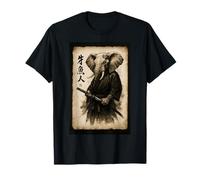 Retro Japanese Ink Wash Warrior Samurai African Elephant T-Shirt