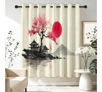 Retro Japanese Landscape Cherry Blossoms Pattern Blackout Curtains, Eyelet Ring Top Thermal Window Drapes for Bedroom Living Room Decor Men, Red, W 66" x L 90" (2 Panels)
