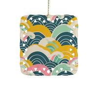 Retro Japanese Pattern Ceramic Christmas Ornament Xmas Tree Hanging Pendant Double Sided Pattern Festive Square Ornament Holiday Home Party Decoration Gifts