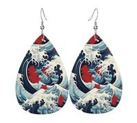 Retro Japanese Style Ocean Wave Leather Earrings for Women | Teardrop Dangle Earrings With Faux Leather Pendant And Silver Plated Hooks, Lightweight Statement Jewelry For Women Girls