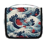 Retro Japanese Style Ocean Wave Travel Toiletry Bag with Hanging Hook, Waterproof Hanging Makeup Organizer Portable Cosmetic Bag for Women & Men Travel Essentials Accessories