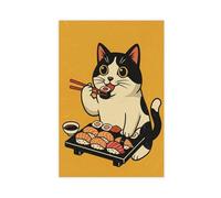 Retro Japanese Tuxedo Cat Eating Sushi Kitchen Decoration Canvas Poster Bedroom Decor Landscape Office Room Decor Gift 20x30inch(50x75cm)