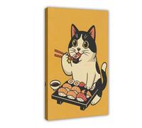 Retro Japanese Tuxedo Cat Eating Sushi Kitchen Decoration Canvas Poster Bedroom Decor Landscape Office Room Decor Gift 16x24inch(40x60cm)