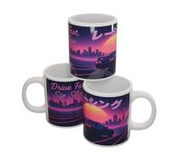 Retro JDM Neon Racing 11oz Mug - Drink Fast, Sip Slow - Japanese Katakana Design レーシング - Ceramic Coffee Cup with City Sunset, Gamer & JDM Fan Gift