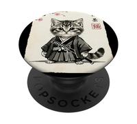 Retro Kawaii Samurai Cat Sakura Japanese Vintage Art PopSockets Adhesive PopGrip