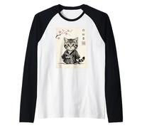 Retro Kawaii Samurai Cat Sakura Japanese Vintage Art Raglan Baseball Tee