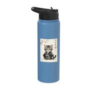Retro Kawaii Samurai Cat Sakura Japanese Vintage Art Stainless Steel Insulated Water Bottle