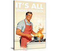 Retro Kitchen Print, Funny 50s Poster, Vintage Cooking Art, Humorous Kitchen Wall Art Under Control Print Framed Canvas Print, Pictures for Home Walls, Bedroom, Living Room Decor 31x20cm (12x8in)