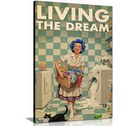 Retro Laundry Print, Funny 50s Poster, Laundry Humorous Wall Art, Living The Dream Print Framed Canvas Print, Pictures for Home Walls, Bedroom, Living Room & Bathroom Decor 76x51cm (30x20in)