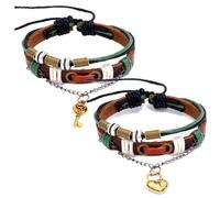 Retro Layered Leather The Key to Lock Heart Charm Couple Bracelets for 2, His Hers Matching Bracelet Set for Women Men, Anniversary Valentine's Day Gifts for Him Her Lovers Anniversary Jewellery