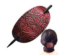 Retro Leather hairBarrette with Stick - Faux Leather Oval hairClip, Lightweight 5g Ponytail Holder | 12.5x5cm Durable hairPin for Women Girls Long hairStyling Bun Holder Smooth Wooden Stick Easy T