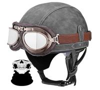 Retro Leather Open Face Motorbike Helmet, DOT ECE Approved Half Shell Pilot with Goggles, Quick Release Buckle Vintage Half Face Helmet for Men Women Moped Scooter(F,XL=(61~62cm))