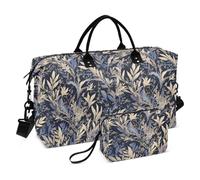 Retro Leaves Pattern Feather-Shaped Deep Blue Beige Decorative Large Travel Duffel Luggage Sports Gym Bag with Adjustable Strap for Trip 2 Pcs Set Bolsa de Mano para ropa de