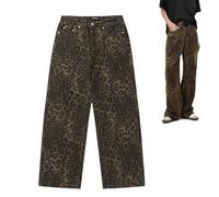 Retro Leopard Pattern Jeans - Unisex Casual Leopard Pants Jeans - Leopard Print Hip Hop Wide Leg Straight Pants - Flared Jeans with Pockets Button-Zipper Closure - Soft Streetwear for Young (M)