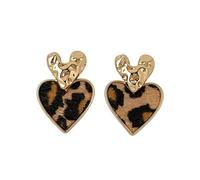 Retro Leopard Print Double Love Heart Dangle Drop Earrings for Women Brown Dainty Statement Hammer Pattern Hearts Stud Fashion Vintage Valentines Jewelry Gifts for Her
