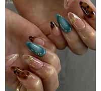 Retro Leopard Print False Nails Almond Shape Short Press-On with Gold Accents, Teal Ombre & Nude Tones - 30PCS Kit with Tools for Easy Application, Women's Fashion Manicure for Parties & Events