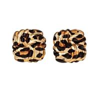 Retro Leopard Print Rectangle Stud Earrings, Gold Plated 2.3cm - Vintage Geometric Square Animal Statement Fashion Trendy Jewellery, Hypoallergenic Studs for Women